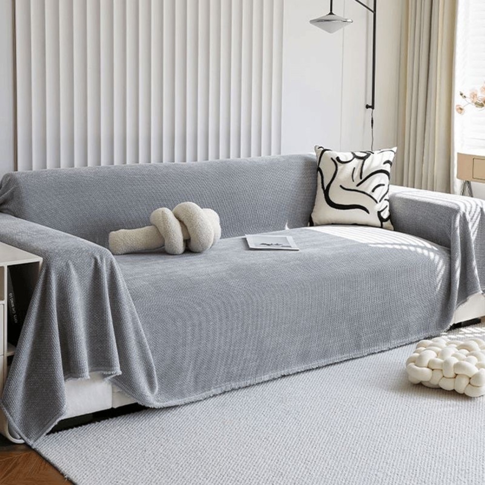Gray Sofa Throw Cover - Cozy Knit Slipcover